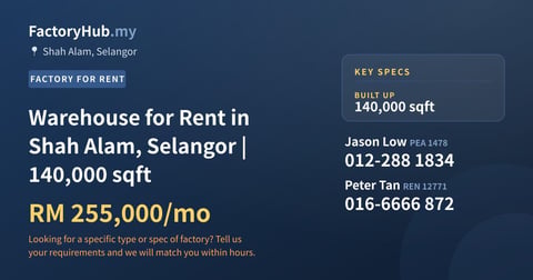 Factory For Rent - Warehouse for Rent in Shah Alam, Selangor | 140,000 sqft - Shah Alam, Selangor