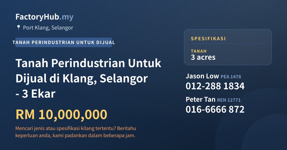 Tanah Untuk Dijual - Tanah Perindustrian Untuk Dijual di Klang, Selangor - 3 Ekar - Port Klang, Selangor