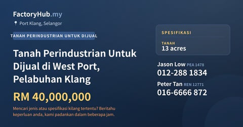 Tanah Untuk Dijual - Tanah Perindustrian Untuk Dijual di West Port, Pelabuhan Klang - Port Klang, Selangor