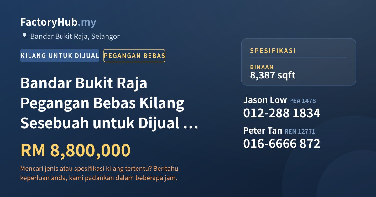 Kilang Untuk Dijual - Bandar Bukit Raja Pegangan Bebas Kilang Sesebuah untuk Dijual – RM8.8J 8387kp - Bandar Bukit Raja, Selangor