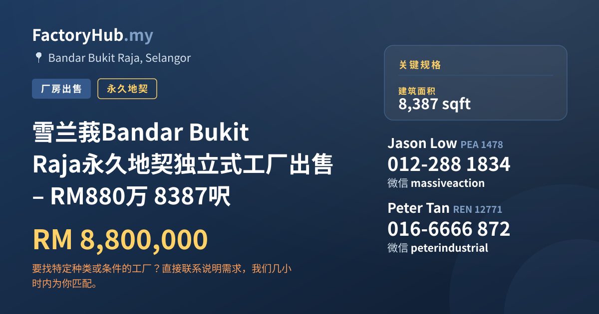 工厂 出售 - 雪兰莪Bandar Bukit Raja永久地契独立式工厂出售 – RM880万 8387呎 - Bandar Bukit Raja, Selangor