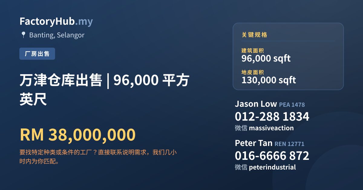 工厂 出售 - 万津仓库出售 | 96,000 平方英尺 - Banting, Selangor