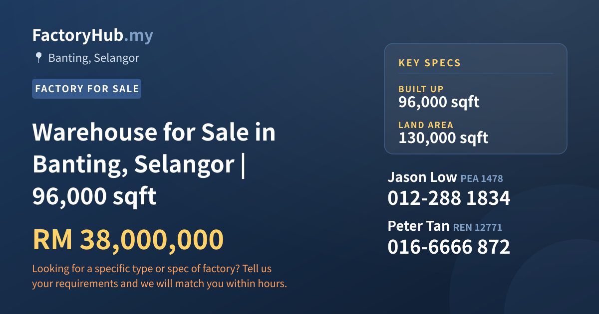 Factory For Sale - Warehouse for Sale in Banting, Selangor | 96,000 sqft - Banting, Selangor