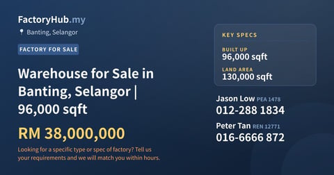 Factory For Sale - Warehouse for Sale in Banting, Selangor | 96,000 sqft - Banting, Selangor
