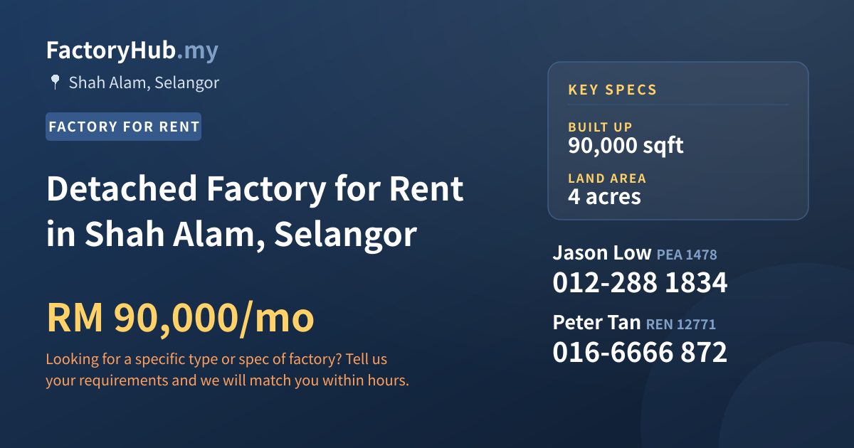 Factory For Rent - Detached Factory for Rent in Shah Alam, Selangor - Shah Alam, Selangor