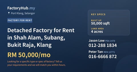 Factory For Rent - Detached Factory for Rent in Shah Alam, Subang, Bukit Raja, Klang - Port Klang, Selangor