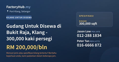 Kilang Untuk Disewa - Gudang Untuk Disewa di Bukit Raja, Klang - 300,000 kaki persegi - Port Klang, Selangor