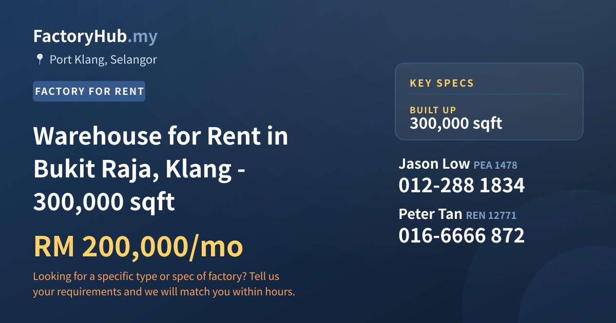 Factory For Rent - Warehouse for Rent in Bukit Raja, Klang - 300,000 sqft - Port Klang, Selangor