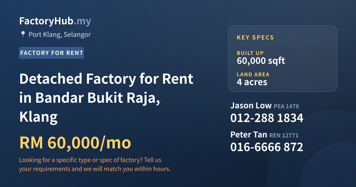 Factory For Rent - Detached Factory for Rent in Bandar Bukit Raja, Klang - Port Klang, Selangor