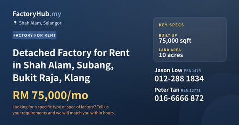 Factory For Rent - Detached Factory for Rent in Shah Alam, Subang, Bukit Raja, Klang - Shah Alam, Selangor