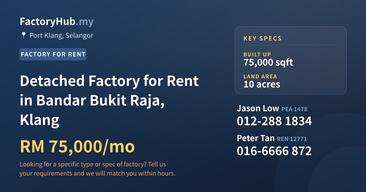 Factory For Rent - Detached Factory for Rent in Bandar Bukit Raja, Klang - Port Klang, Selangor