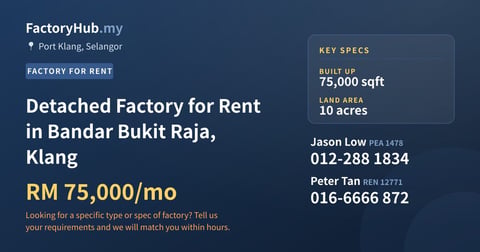Factory For Rent - Detached Factory for Rent in Bandar Bukit Raja, Klang - Port Klang, Selangor