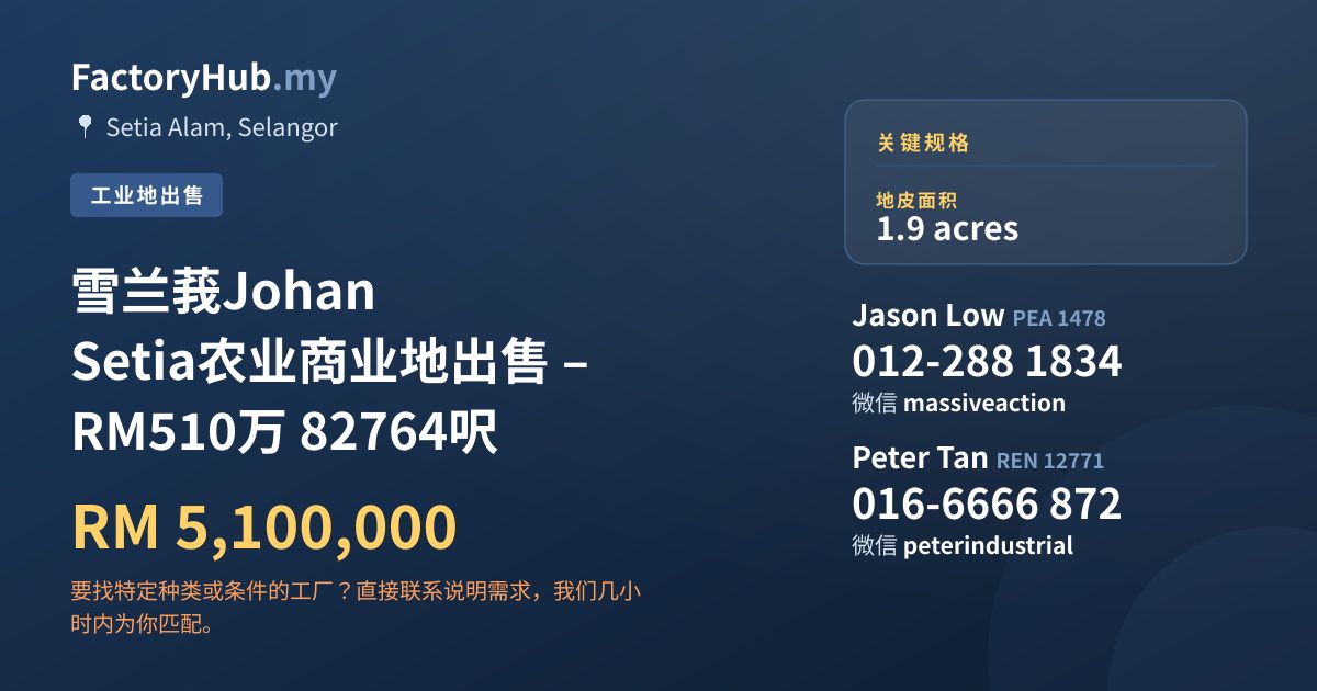 土地 出售 - 雪兰莪Johan Setia农业商业地出售 – RM510万 82764呎 - Setia Alam, Selangor