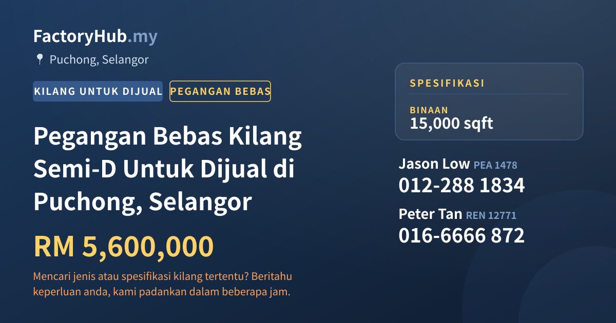 Kilang Untuk Dijual - Pegangan Bebas Kilang Semi-D Untuk Dijual di Puchong, Selangor - Puchong, Selangor