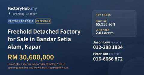 Factory For Sale - Freehold Detached Factory for Sale in Bandar Setia Alam, Kapar - Port Klang, Selangor