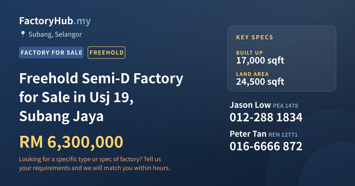Factory For Sale - Freehold Semi-D Factory for Sale in Usj 19, Subang Jaya - Subang, Selangor