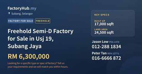Factory For Sale - Freehold Semi-D Factory for Sale in Usj 19, Subang Jaya - Subang, Selangor