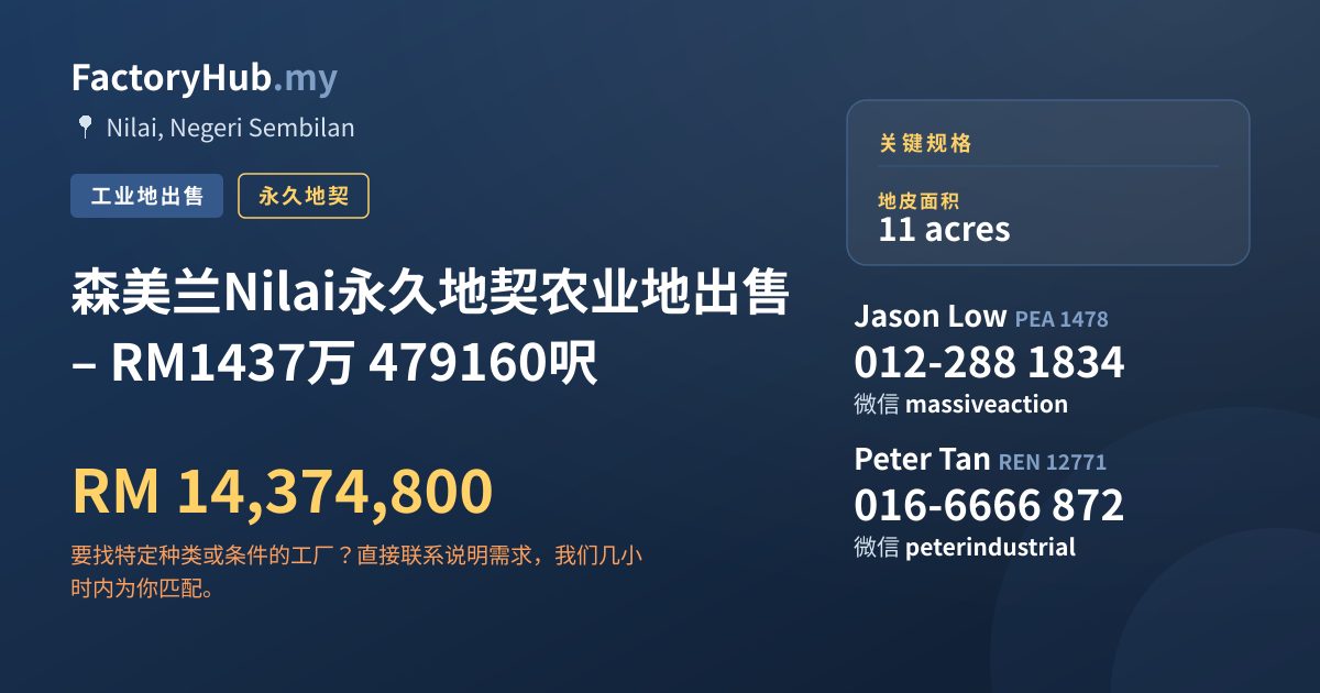 土地 出售 - 森美兰Nilai永久地契农业地出售 – RM1437万 479160呎 - Nilai, Negeri Sembilan