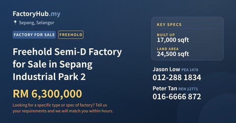 Factory For Sale - Freehold Semi-D Factory for Sale in Sepang Industrial Park 2 - Sepang, Selangor