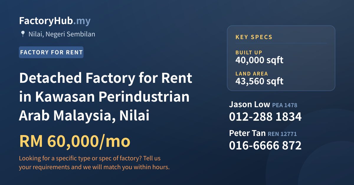 Factory For Rent - Detached Factory for Rent in Kawasan Perindustrian Arab Malaysia, Nilai - Nilai, Negeri Sembilan