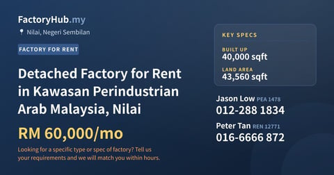 Factory For Rent - Detached Factory for Rent in Kawasan Perindustrian Arab Malaysia, Nilai - Nilai, Negeri Sembilan
