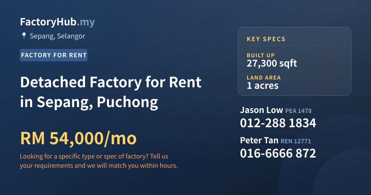 Factory For Rent - Detached Factory for Rent in Sepang, Puchong - Sepang, Selangor