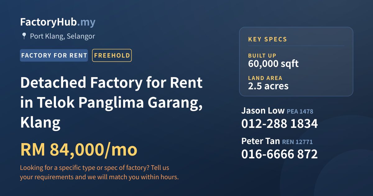 Factory For Rent - Detached Factory for Rent in Telok Panglima Garang, Klang - Port Klang, Selangor