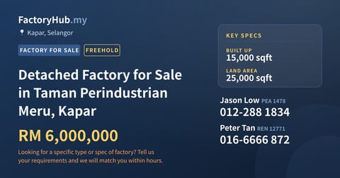 Factory For Sale - Detached Factory for Sale in Taman Perindustrian Meru, Kapar - Kapar, Selangor