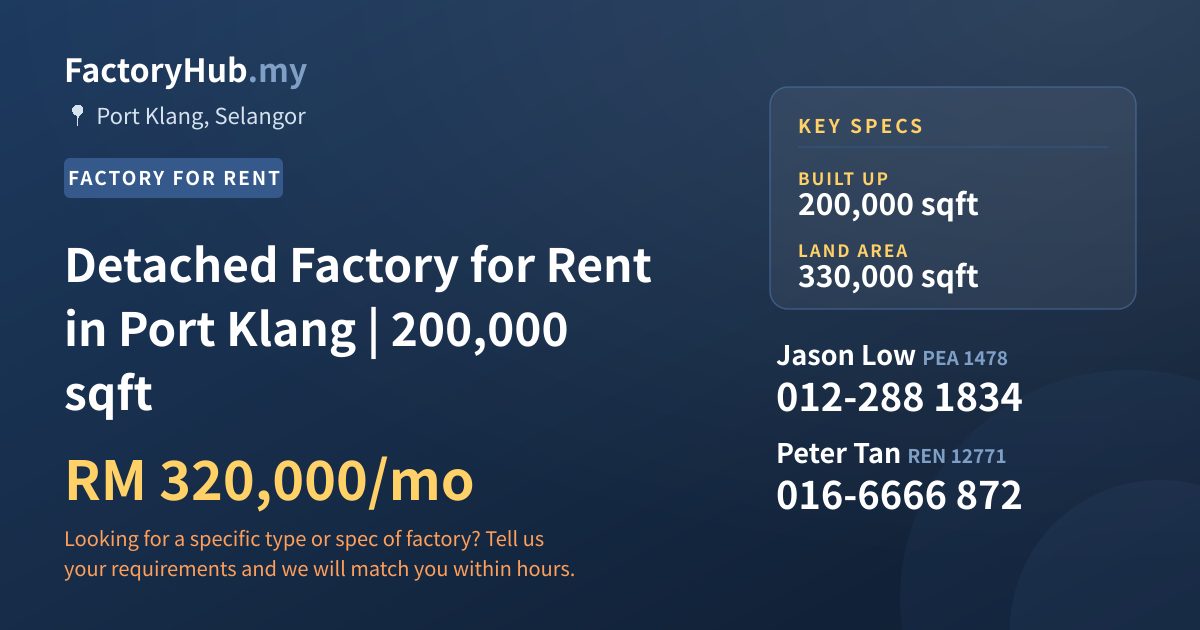 Factory For Rent - Detached Factory for Rent in Port Klang | 200,000 sqft - Port Klang, Selangor