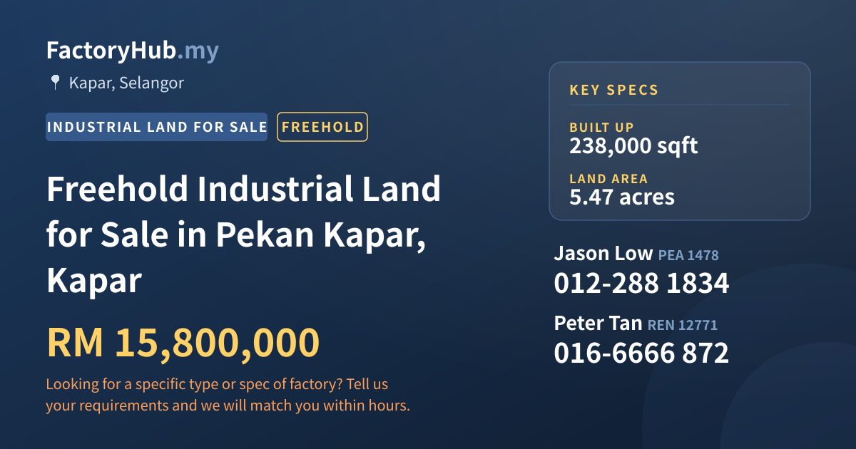Land For Sale - Freehold Industrial Land for Sale in Pekan Kapar, Kapar - Kapar, Selangor