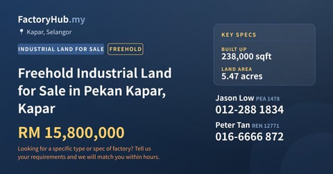 Land For Sale - Freehold Industrial Land for Sale in Pekan Kapar, Kapar - Kapar, Selangor