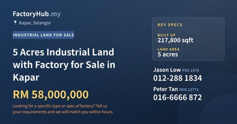 Land For Sale - 5 Acres Industrial Land with Factory for Sale in Kapar - Kapar, Selangor