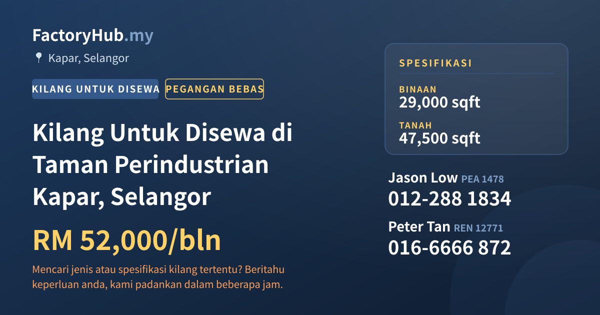 Kilang Untuk Disewa - Kilang Untuk Disewa di Taman Perindustrian Kapar, Selangor - Kapar, Selangor