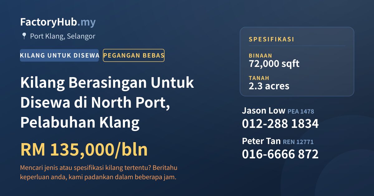 Kilang Untuk Disewa - Kilang Berasingan Untuk Disewa di North Port, Pelabuhan Klang - Port Klang, Selangor