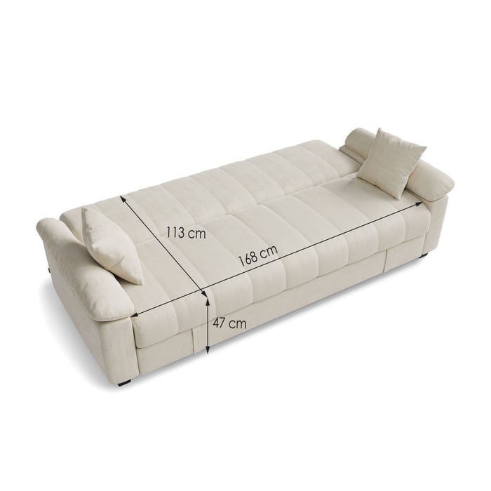 Sofa Bed VERONICA - Cream showing sleeping function with dimensions
