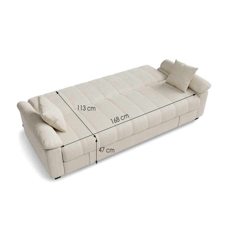 Sofa Bed VERONICA - Cream showing sleeping function with dimensions