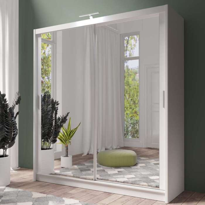 PARIS 203cm white sliding door wardrobe with full-length mirrors, in a bedroom