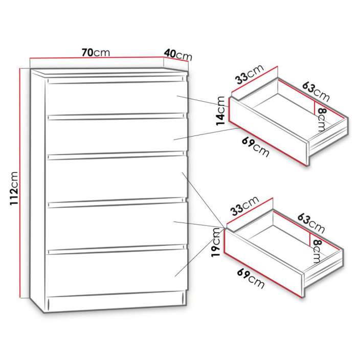 Diagram of chest of drawers MOLAMA M5 with dimensions