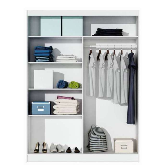 The interior of the DAKOTA wardrobe 160cm white presenting a hanging rail and 3 shelves. 