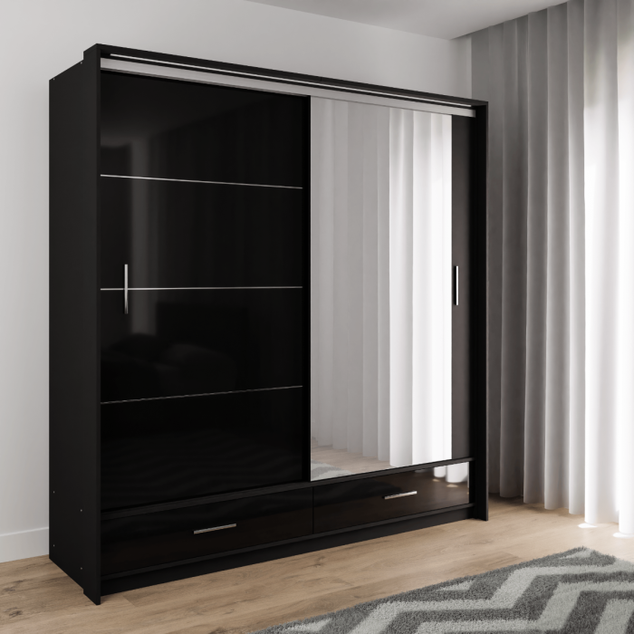 The sliding door wardrobe MARSYLIA 208cm black with mirrored door in a bedroom.