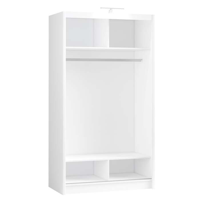 Interior of the white PARIS 120 wardrobe, with 4 compartments and a hanging rail