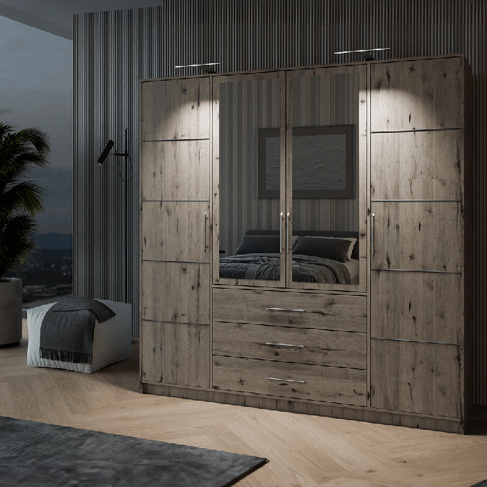 Wardrobe BALI D4 oak wellington with double LED light in cosy bedroom.