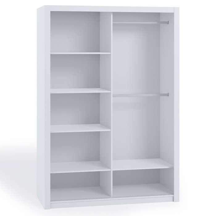The interior of the BONITO 120cm wardrobe presenting 2 hanging rails and 5 shelves. 