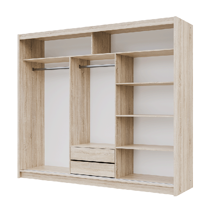 The interior of the MALIBU wardrobe presenting a different configuration of 2 hanging rails, 5 shelves and 2 drawers