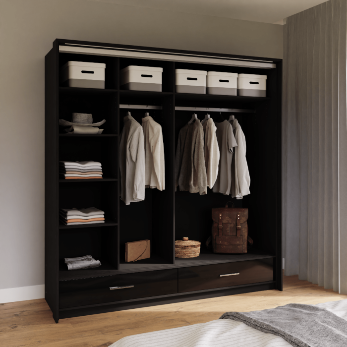 The interior of the MARSYLIA 208cm wardrobe presenting 6 shelves and 2 hanging rails, with 2 drawers on the outside
