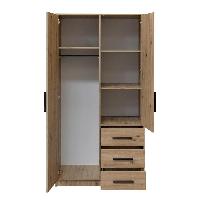 Wardrobe KOS D2 in oak artisan open, showing the 3 shelves and hanging rail inside.