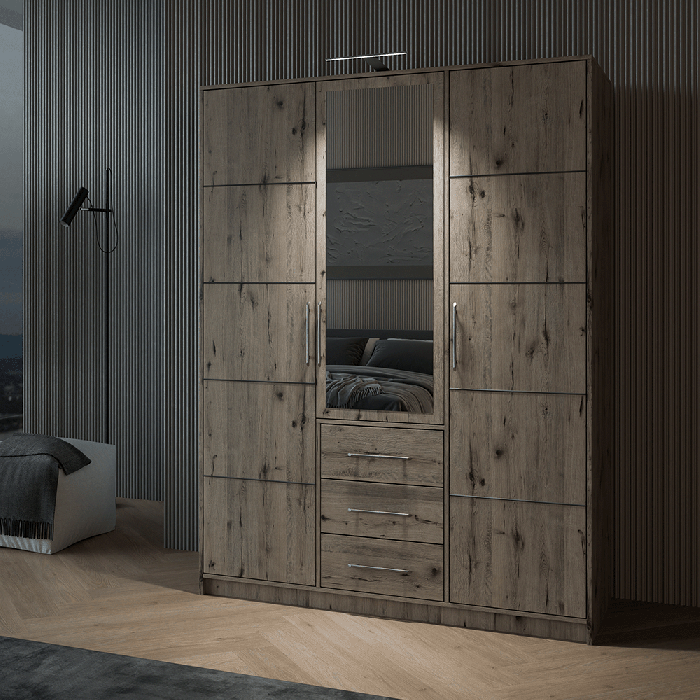 wardrobe BALI D3 in oak wellington with additonal LED light in cosy bedroom.
