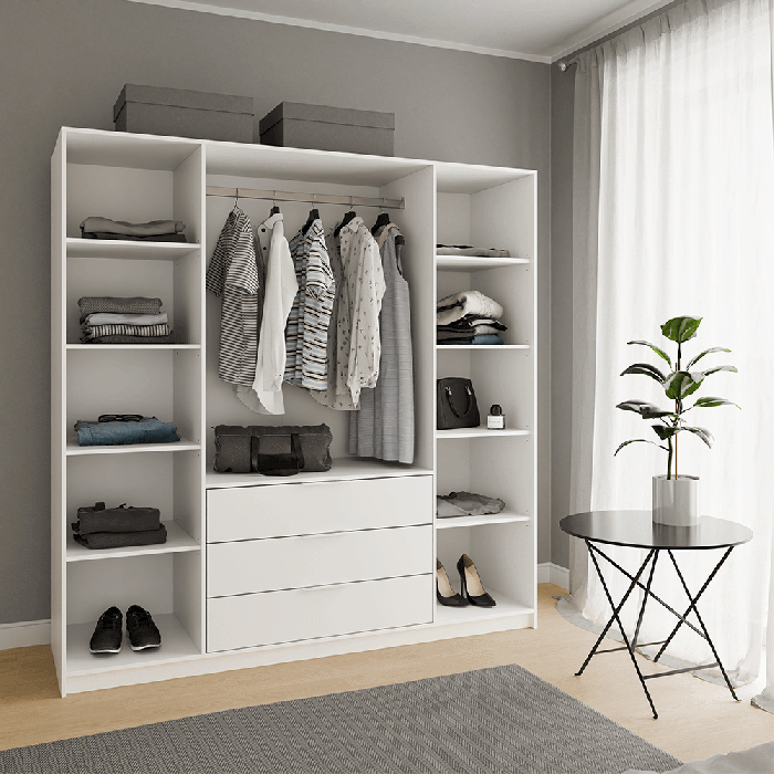 The interior of the BALI D4 wardrobe presenting 8 shelves, 1 hanging rail and 3 drawers in a modern arrangement.