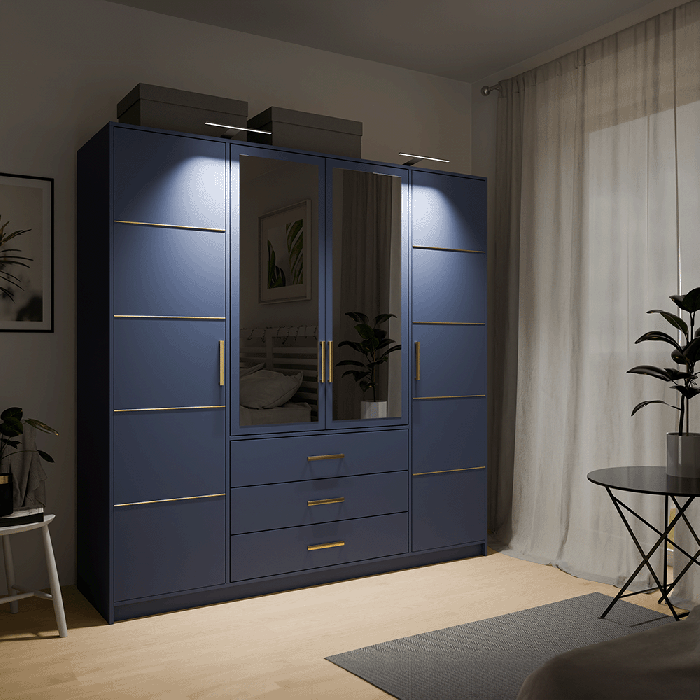 Wardrobe BALI D4 in blue with double LED lights in cosy bedroom.