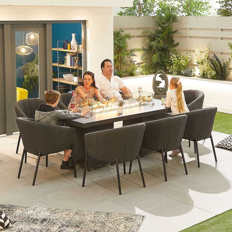 Edge Fabric 8 Seat Rectangular Dining Set with Firepit Dark Grey Dako Furniture
